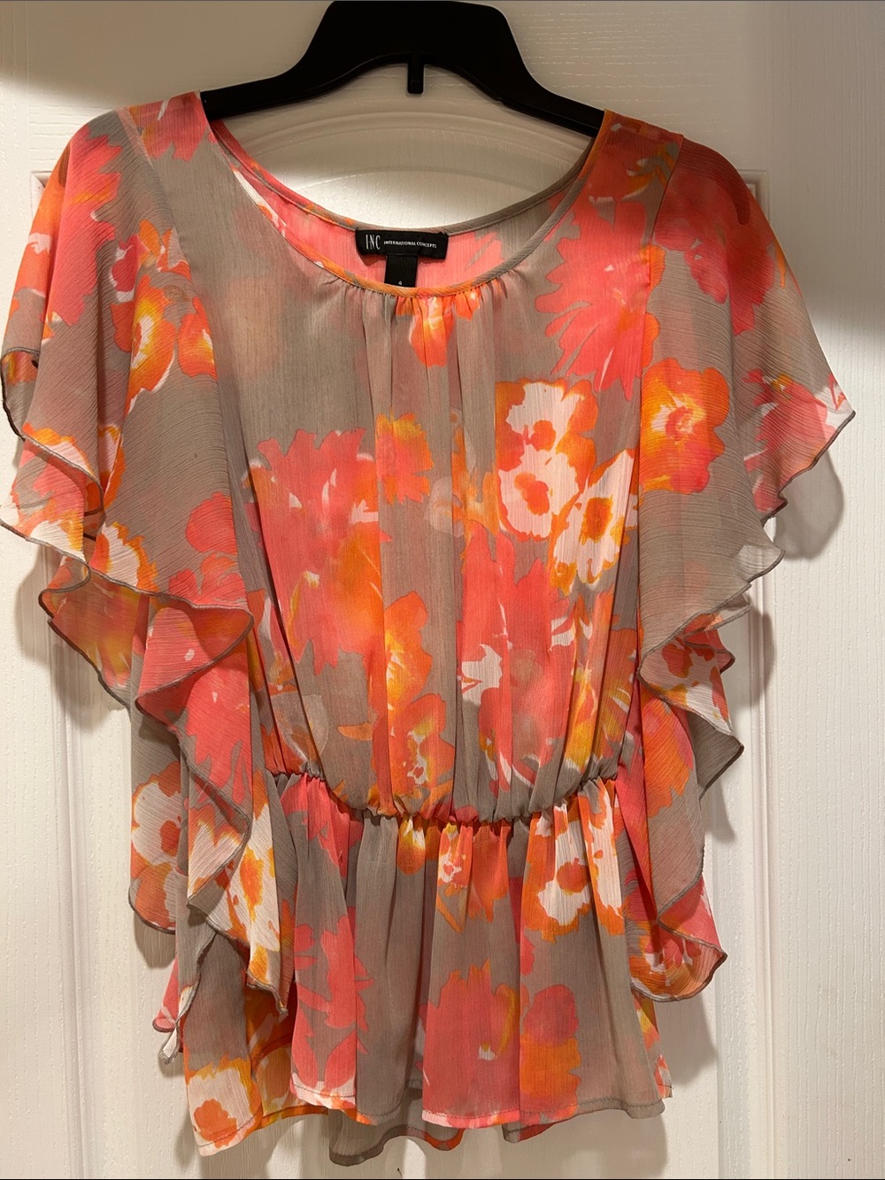INC International Concepts Coral, Orange and Taupe Floral Ruffled Blouse